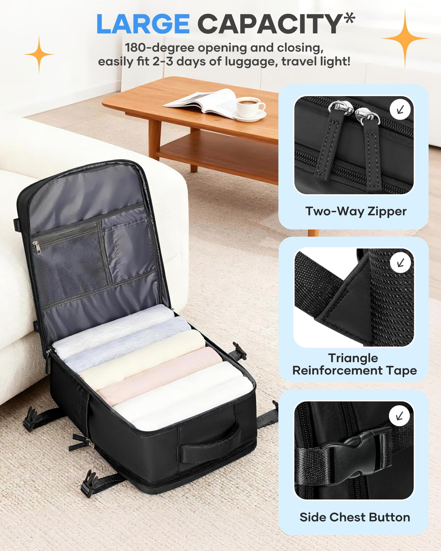 coofay Black Travel Backpack Carry on Flight Approved Mochila De Viaje Personal Item Backpack for Airlines Frontier Airlines Personal Item Bag Large Backpack for Travel Backpacks for Men Women