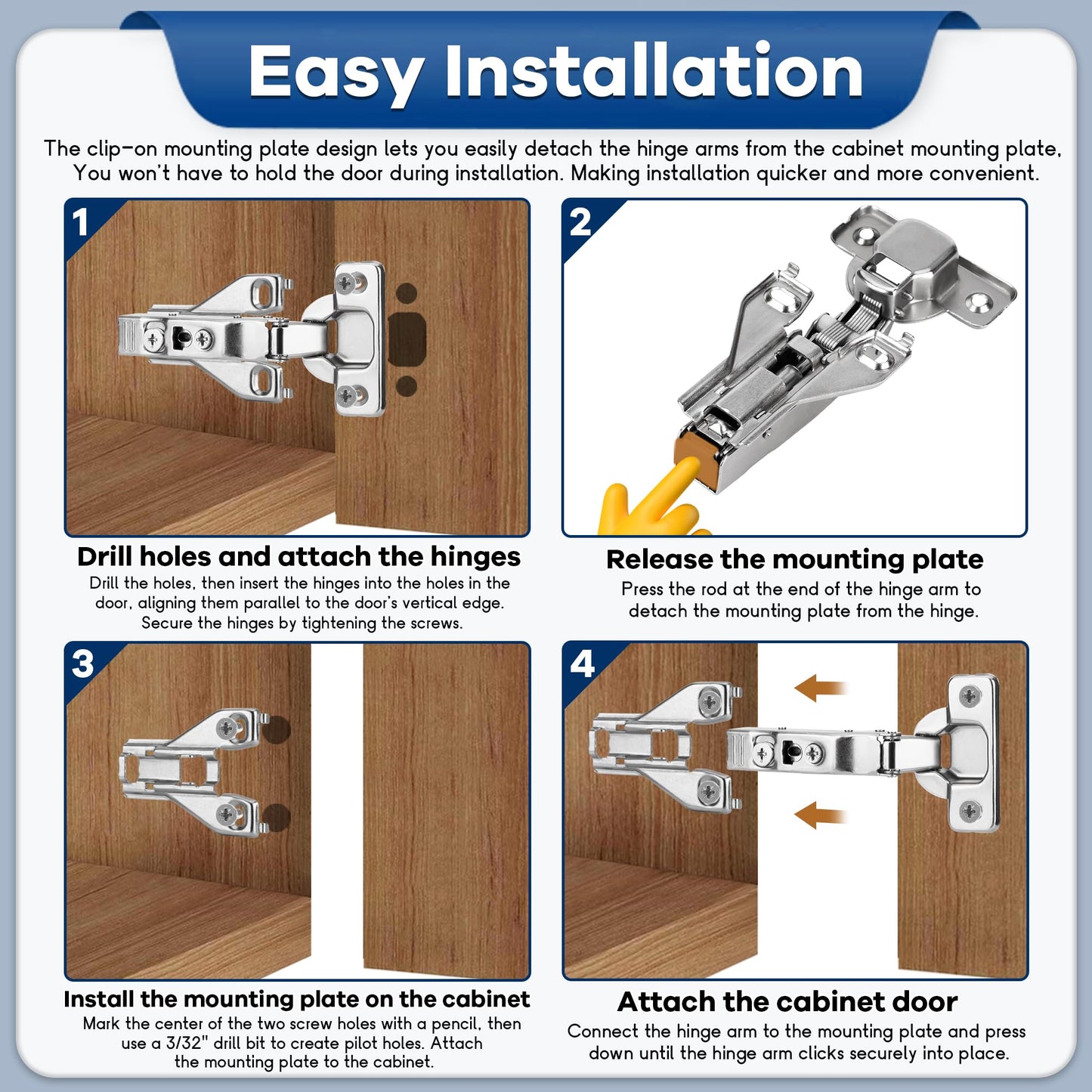 30 Pack 1/2'' Overlay Face Frame Soft Close Hidden Cabinet Hinges, 105 Degree 3D Adjustable Clip On Plate Concealed Kitchen Cupboard Door Hinges with Screws