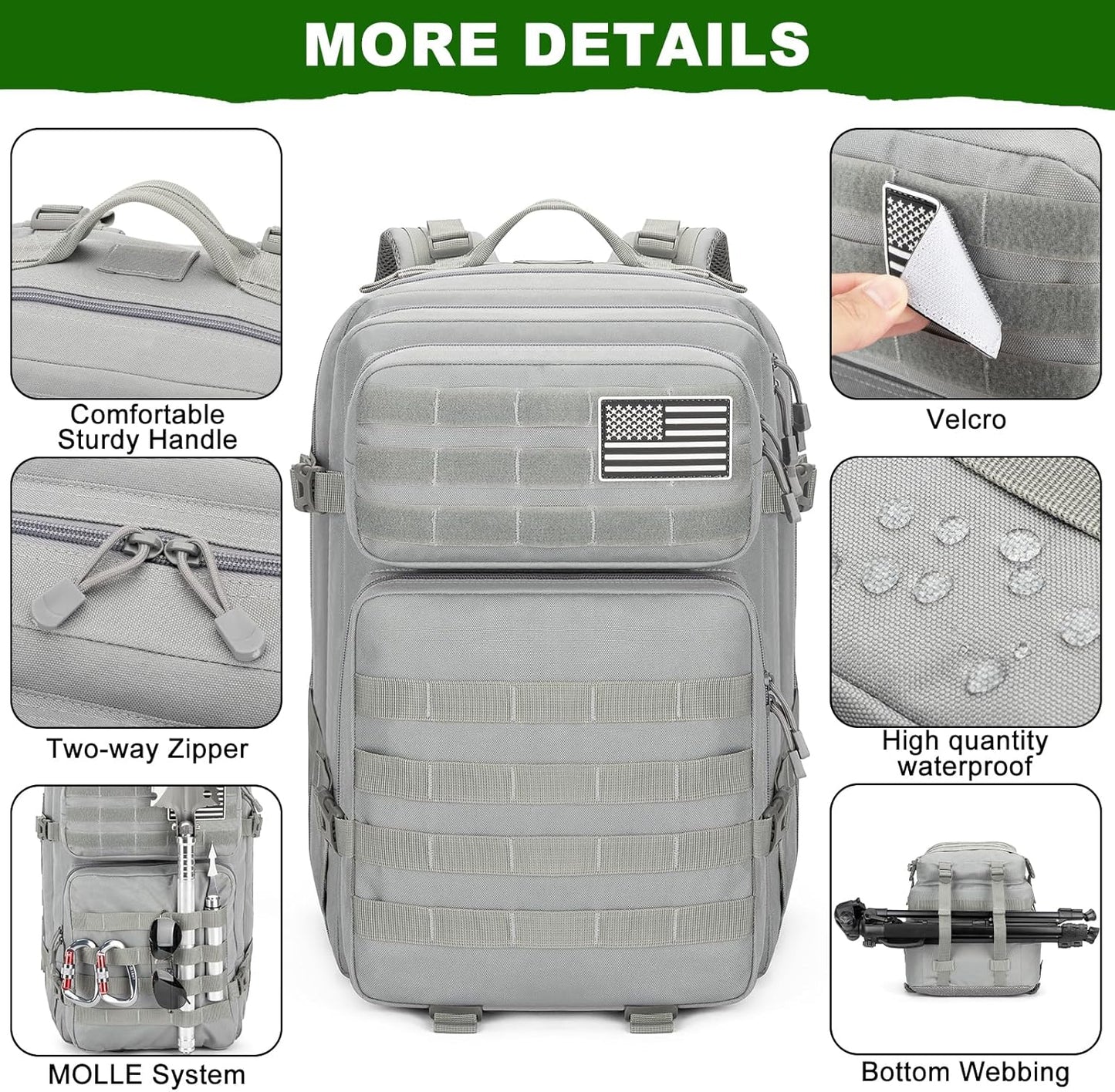 Skiennix Tactical Backpack 45L - Water Resistant MOLLE Rucksack | Durable 3-Day Bug Out Bag for Hiking & Travel (Grey)