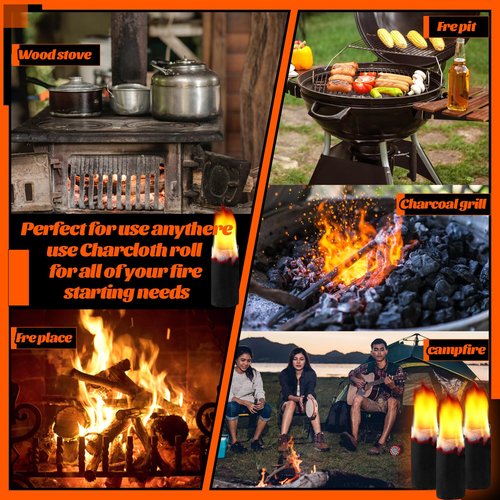 FuWeave 8 Rolls Camping Fire Starter Char Cloth Hand Made Emergency Fire Starter Refills for Bushcraft Hunting Outdoors Camping Survival