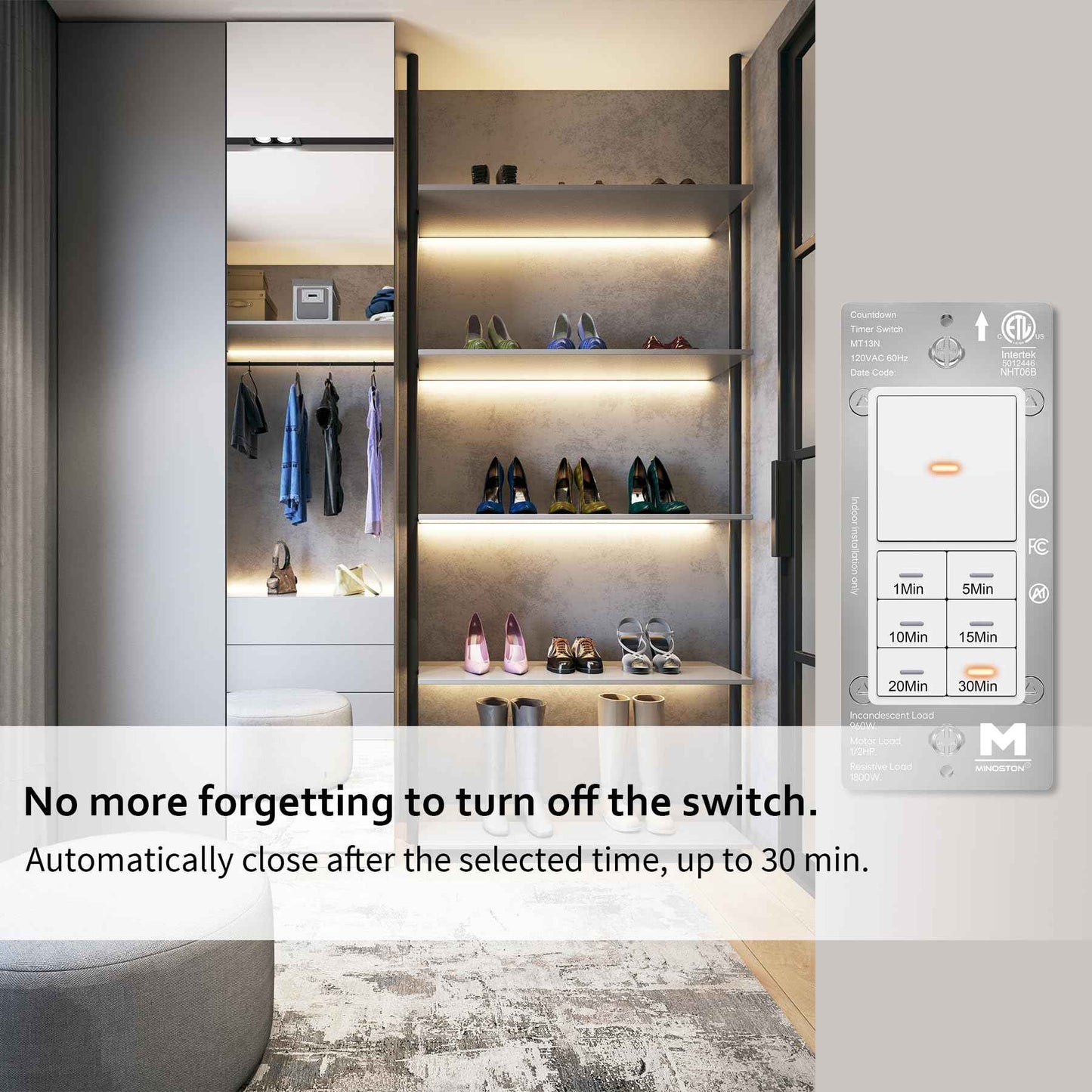 Minoston Countdown Timer Switch with Dimmable Indicator, 30 Min Wall Bath Fan Timer Switch for Bathroom Exhaust Fan and Light, 1-5-10-15-20-30 Minute, Neutral Wire Required, 120V, White (MT13N)