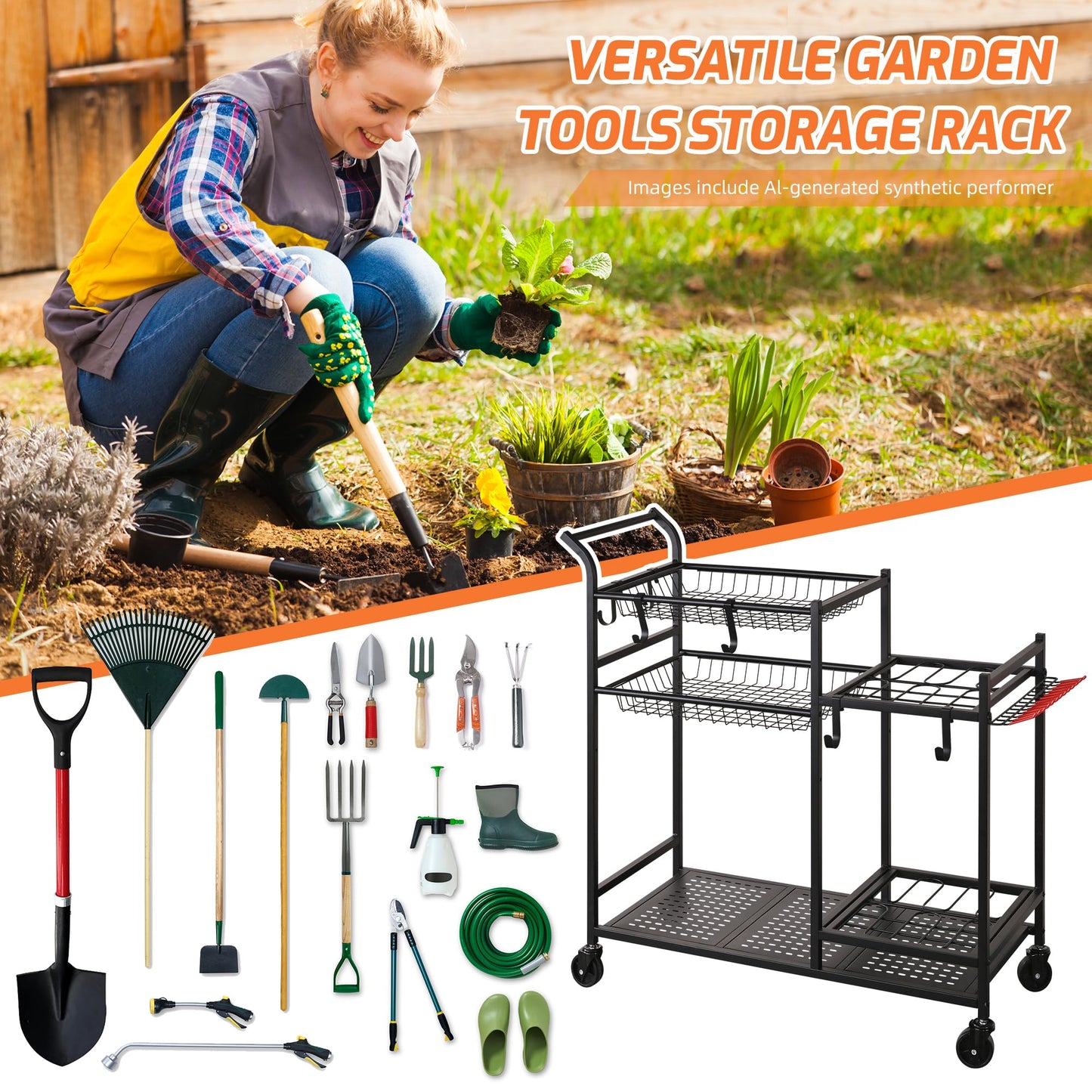 PLKOW Rolling Garden Tool Organizer with Shelves and Hooks, Black