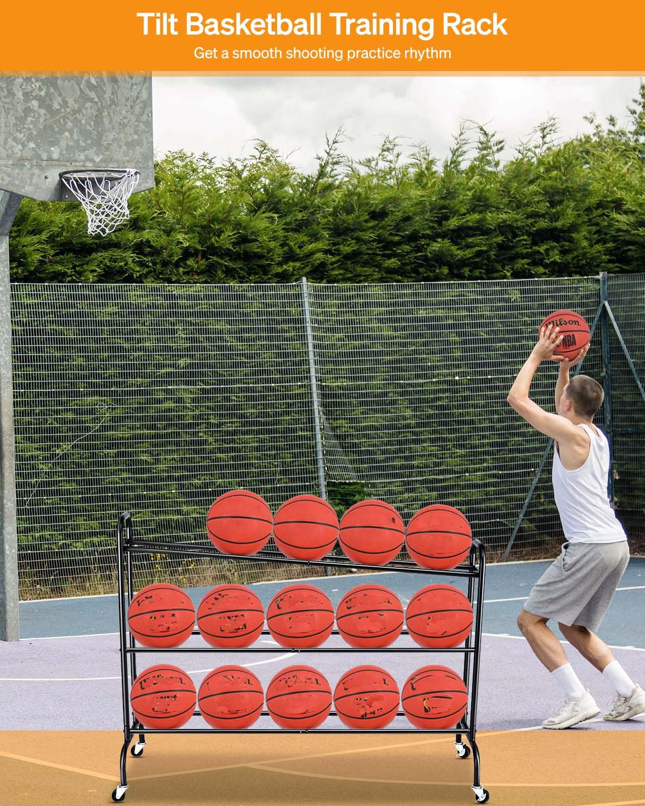 EXTCCT Basketball Rack Ball Stand Holder Tilt Ball Training Equipment Shooting Rolling Storage Cart with Wheels Sports Outdoor Volleyball Soccer Football Garage Organizer Basketball Accessories
