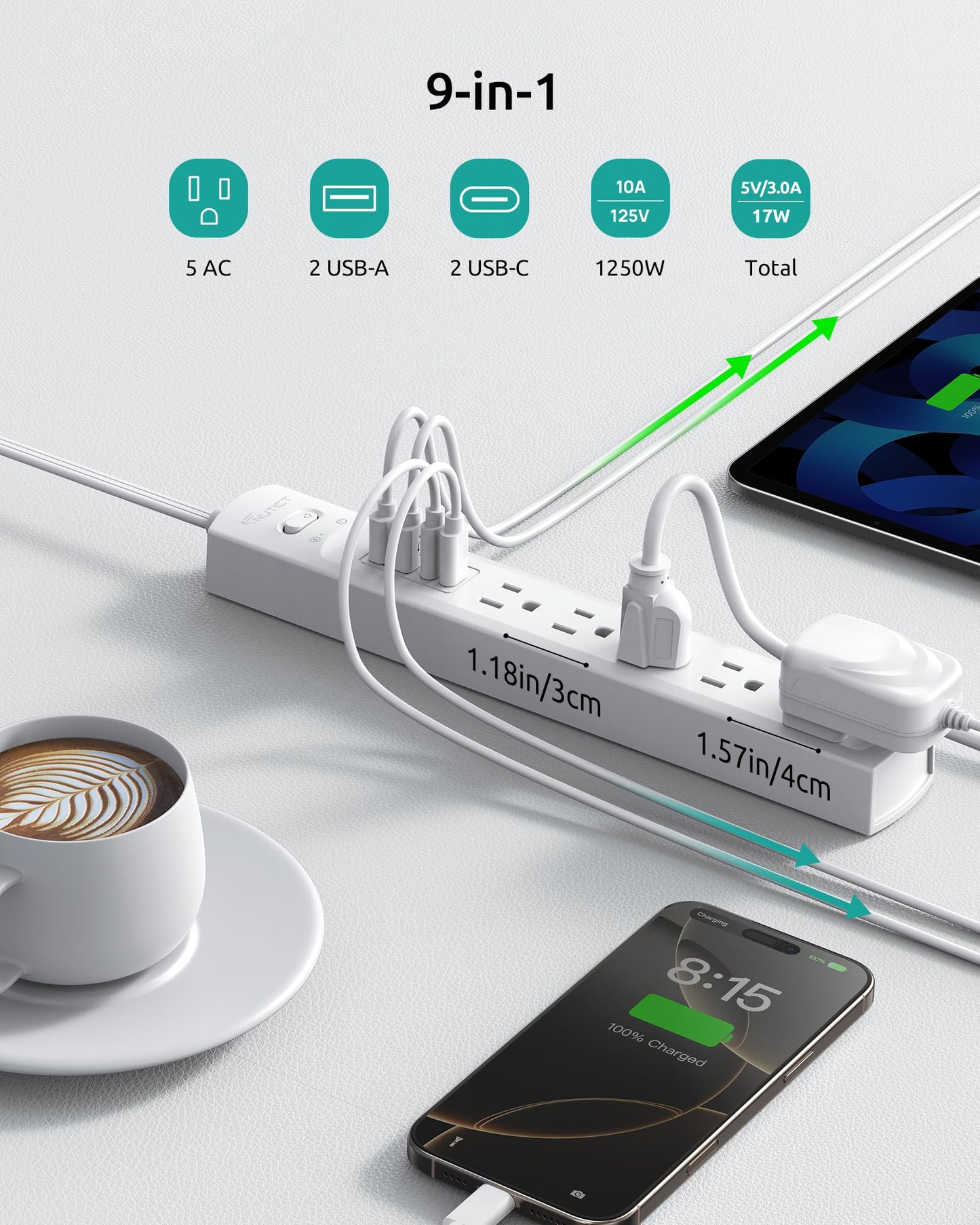 Outlet Cover Extension Cord Flat 6ft, NUTICT Flat Plug Power Strip with 5-Outlet & 4 USB Ports, 1440 Joules Surge Protector, 3 Prong Indoor Extension Cord Flat Wall Plug for Home Office Desk, White