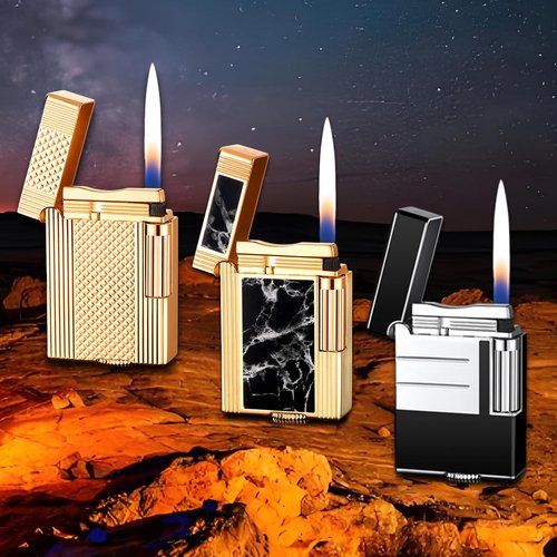 Classic Brushed Gas Lighters, Zinc Alloy Refilled Butane Lighter, Side Wheel Frosted Lighter, Adjustable Flame Flip Lighters, for Outdoor, Camping, Men's Gifts (Gold A)