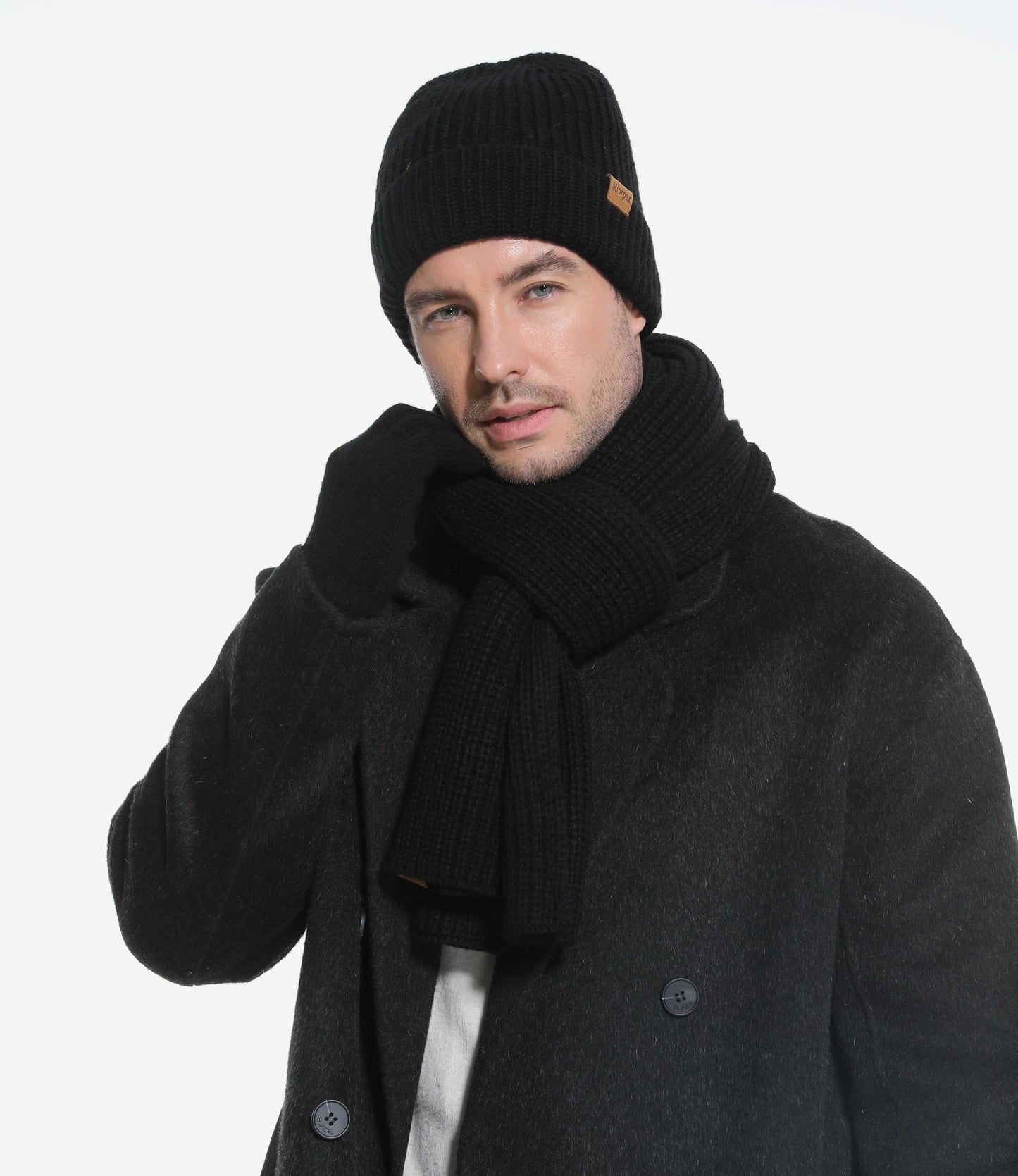 Miorpex Mens Winter Beanie Hat Touchscreen Gloves Long Scarf 3 Set with Warm Fleece Lined Knit Caps Scarves for Men Women Black
