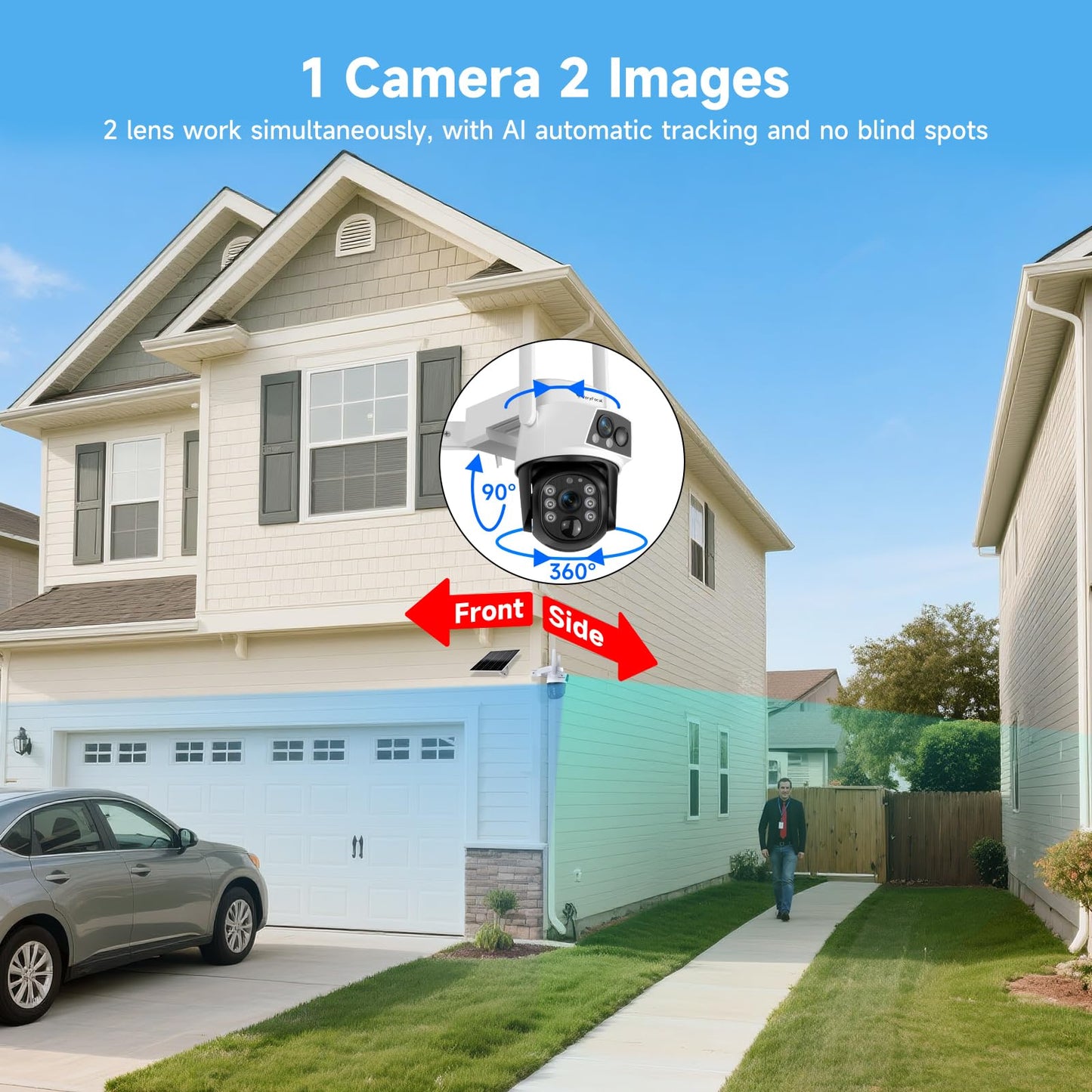 VeryFocal Dual Lens Solar Camera Wireless Outdoor, 2.4GHz/5GHz WiFi Connectivity for Home Security, 4MP QHD 360° PTZ Cameras, PIR Motion Detection, Color Night Vision, IP66