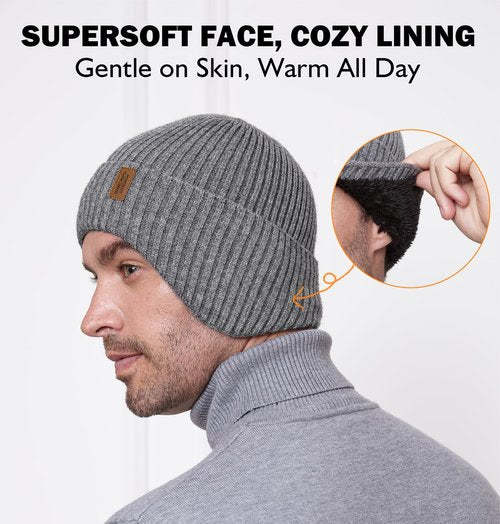 Wmcaps Fleece Lined Winter Beanie with Earflap for Men Women - Windproof Thermal Knit Hat for Cold Weather Black