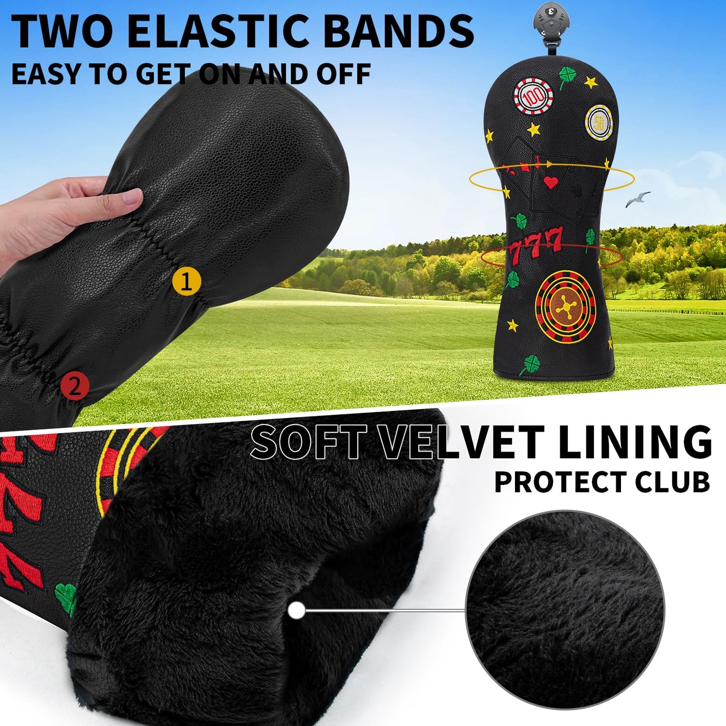 777 Playing Cards Funny Headcover - PU Leather Golf Club Cover with Embroidered Finish, Set Fits Driver Fairway Hybrid Woods (Black-Fairway)