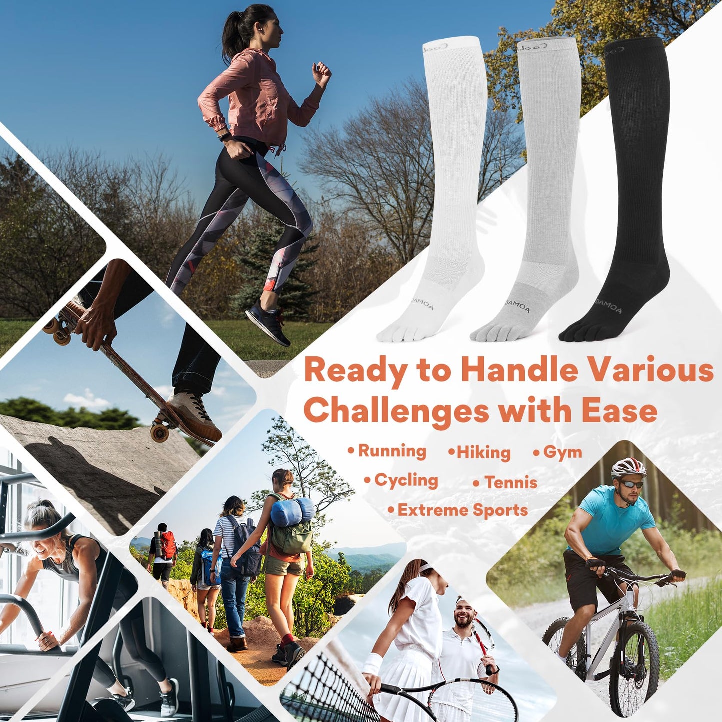 aomagic Knee-High Toe Socks - Coolmax 5-Finger Athletic Hiking Socks, Anti-Blister & Moisture-Wicking, 3 Pairs/Black - Large