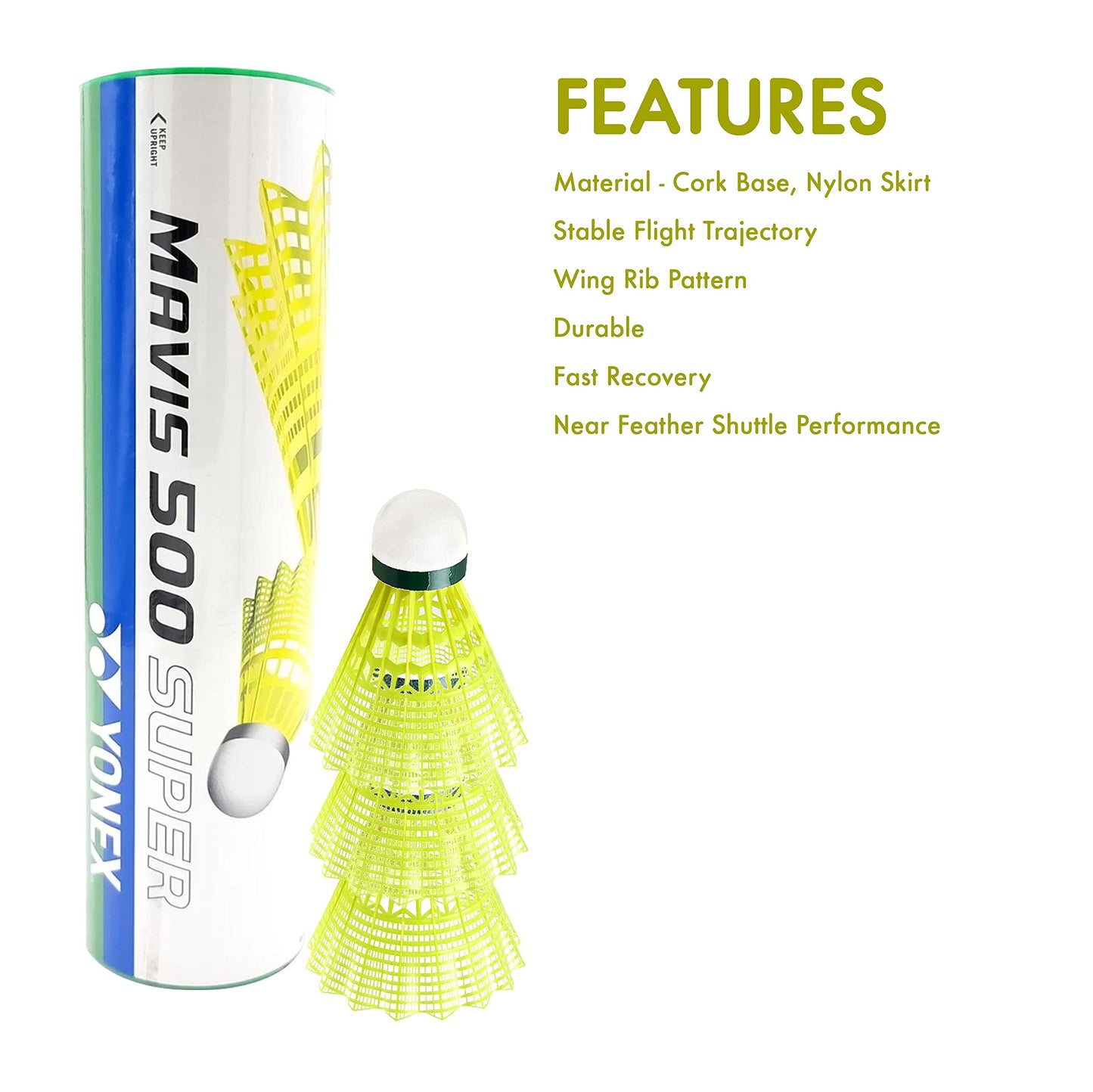 Yonex Mavis 500 Super Nylon Badminton Shuttlecocks (Yellow, Slow Speed) | Durable Performance | Wing Rib Pattern