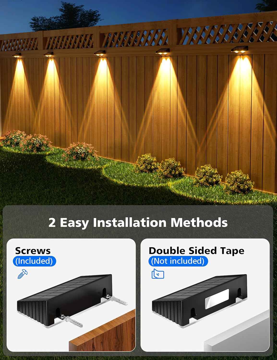 Solar Fence Lights Outdoor - Waterproof Warm White LED Lighting for Backyard, Deck & Patio (16 Pack, Black)