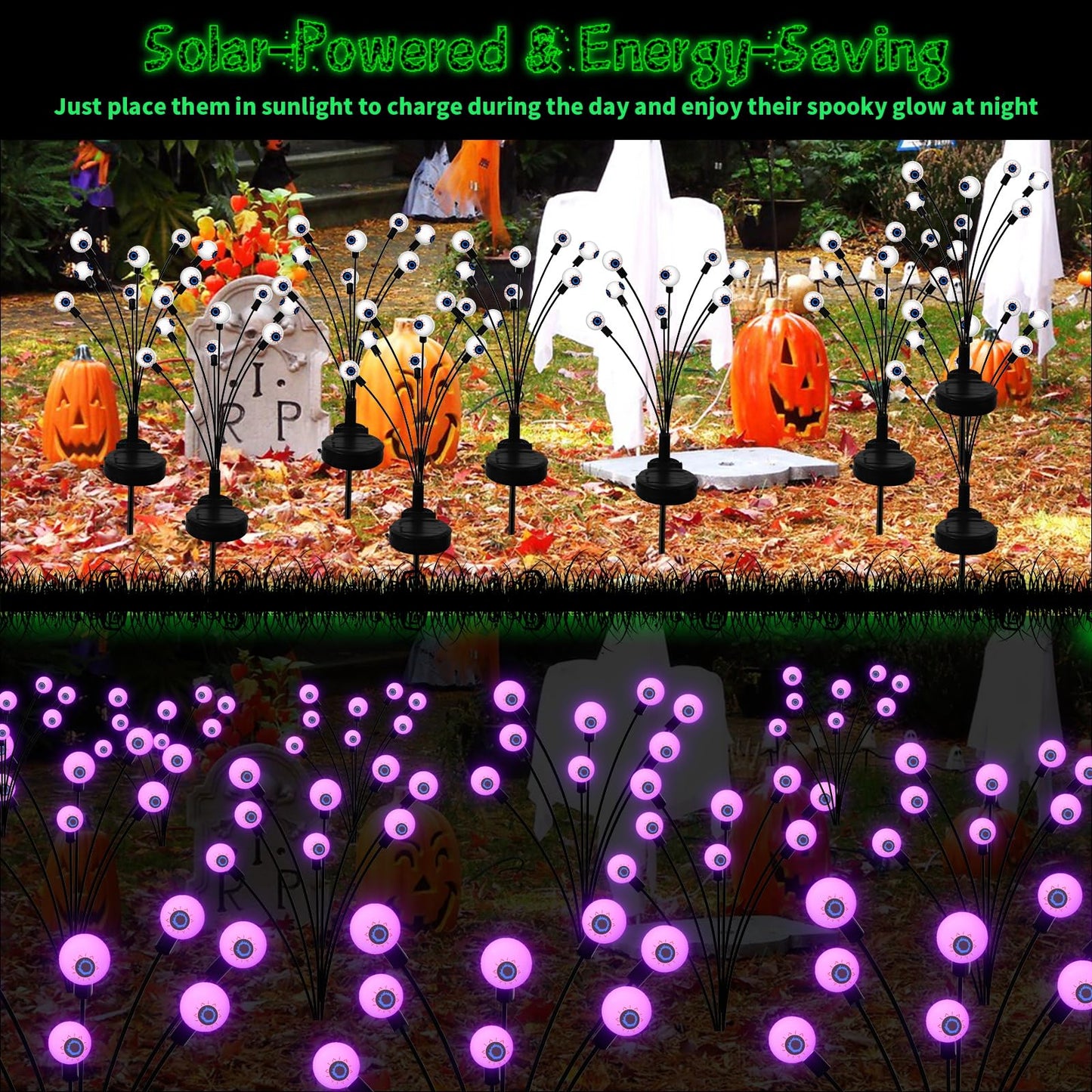 Outdoor Scary Eyeball Solar Garden Lights, 16 LED Swaying Decor, Waterproof Purple Halloween Lights for Yard & Lawn