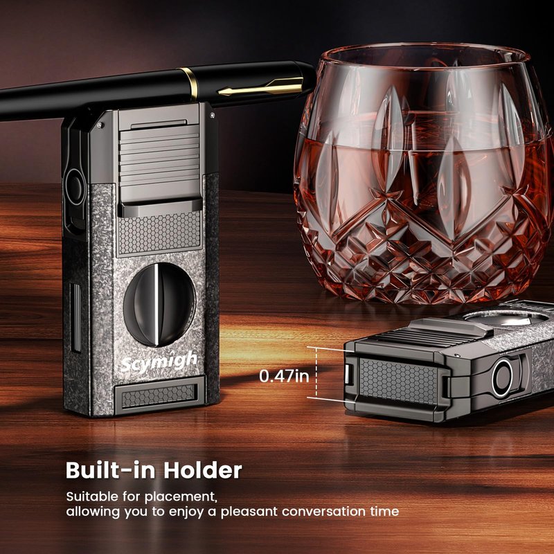 5-in-1 Torch Lighter with Cutter, Punch and Draw Enhancer Tool, Dual Jet Windproof Flame Butane Lighter, Refillable Gift Set for Men, Candle, Outdoor and Travel