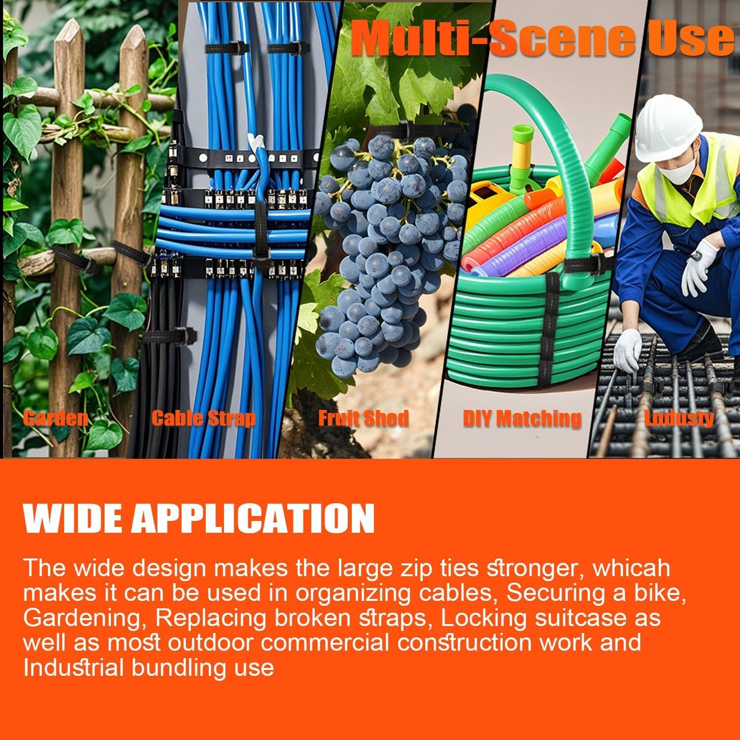 Eletoo 18 inch Black Long Zip Ties Heavy Duty (600 Pack), 2024 New Patented Design, 300 LBS Ultra Strong Tensile Strength, Self-Locking Nylon PA66 UV Resistant Cable Ties for Indoor and Outdoor Use