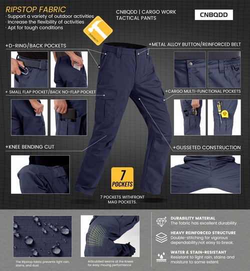 CNBQDD Men's Cargo Pants Durable Ripstop Work Pants with 7 Pockets Water Resistant Outdoor Hiking Construction Pants Dark Blue 34Wx32L