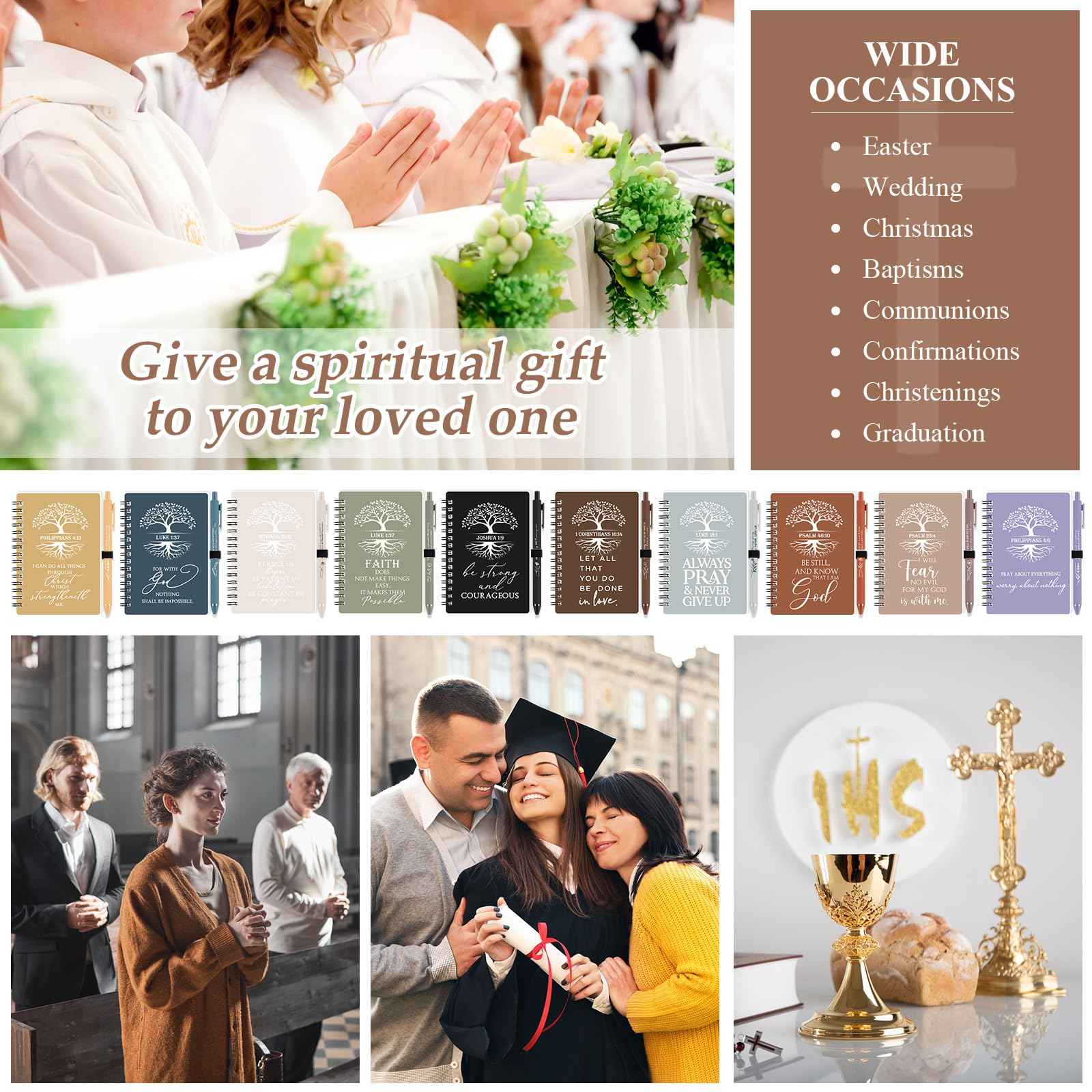 Kosiz 60 Pcs Christian Gift Bulk Prayer Journal Bible Verse Spiral Notebook with Ballpoint Tree of Life Religious Gift for Church Clergy Pastor Appreciation Sunday School Teacher (Neutral Color)