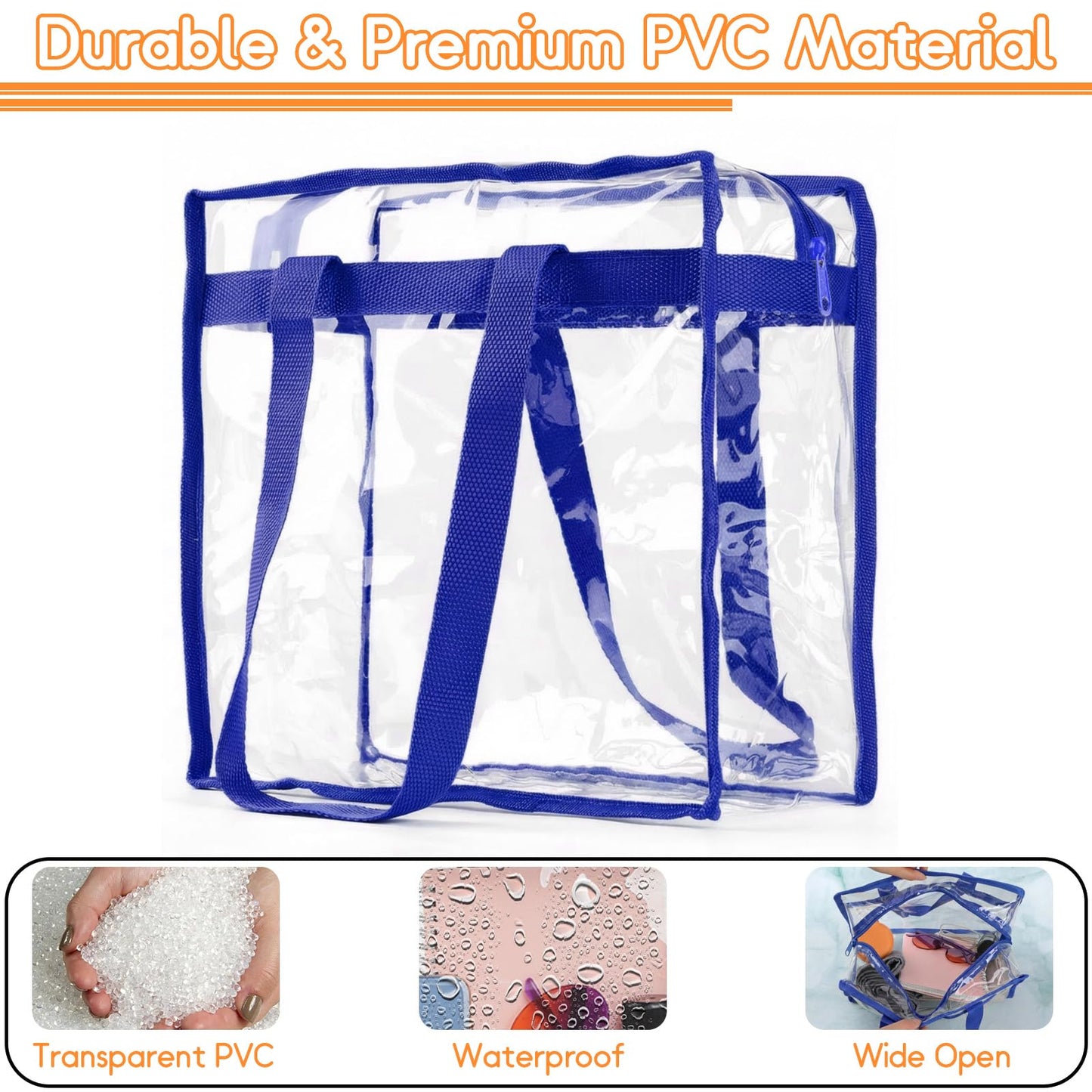 Hoiny Clear Bag for Stadium Events Approved, 12x6x12 Large Transparent Tote Bag with Zipper for Gym Concert Sports Festivals (Navy Blue)