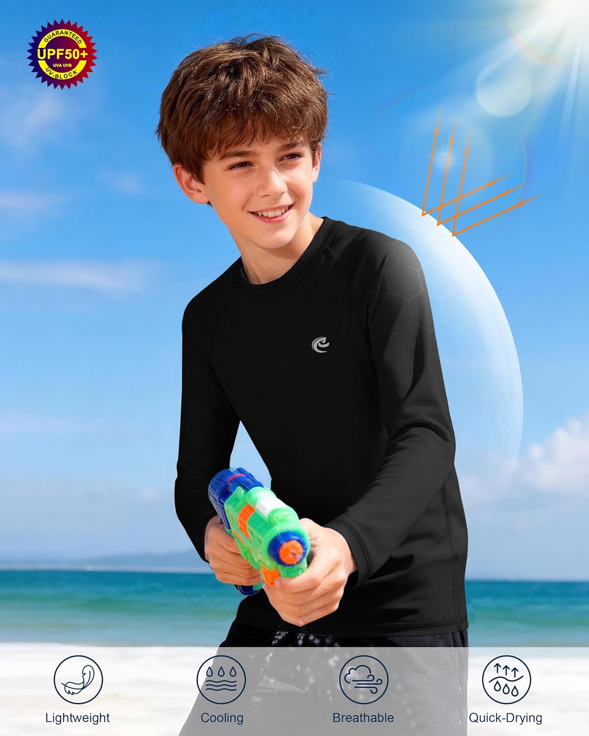 Skiennix Boys UPF 50+ Long Sleeve Swim Shirt - UV Sun Protection Rash Guard for Youth | 1 or 2 Pack