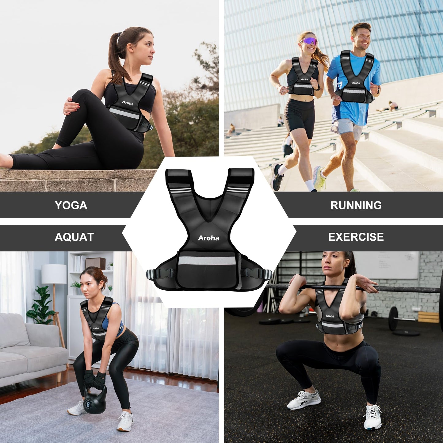 Aroha Adjustable Weighted Vest for Women & Men, 4-10lb/11-20lb/20-32lb Vest with 6 Ironsand Weights for Strength Training and Home Workout, Weight Vest with Reflective Strip for Running, Walking