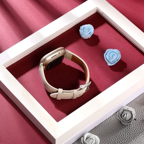 Maledan Leather Bands Compatible with Fitbit Versa 3/Fitbit Sense, Top Grain Genuine Thin Leather Replacement Accessories Wristband for Women Men, Beige