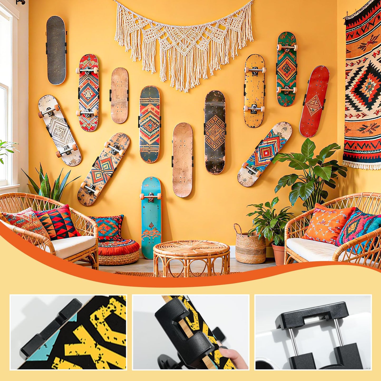 DRABPOI Skateboard Decks Wall Mount 360° Rotating Skateboard Wall Hanger, Universal Skate Wall Mount Horizontal Any Angle Extending Floating Display Hanger Grab (3PCS Wall Hanger) (3PCS Wall Hanger)