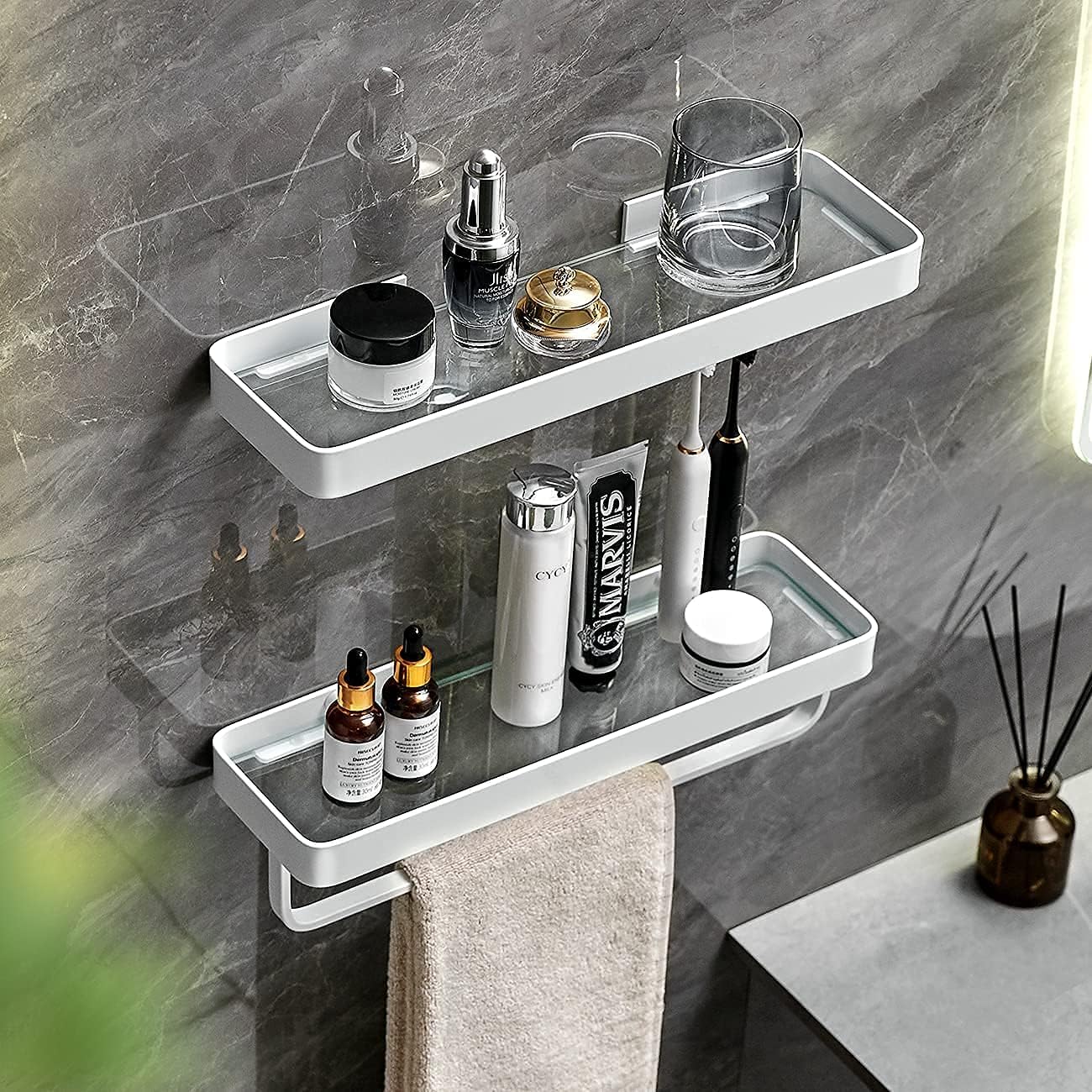 Wall Mounted Glass Bathroom Shelves - 2-Tier Floating Organizer in Black