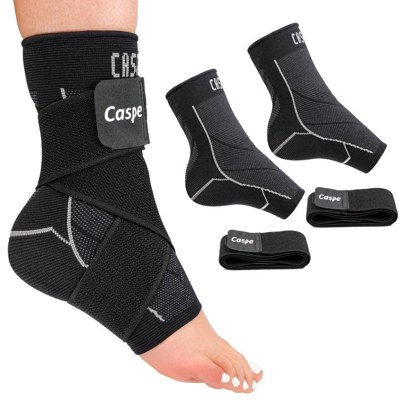 Caspe 2 Pack Ankle Brace for Men & Women, Ankle Wrap with Adjustable, Removable X-Strap, 3D Knit Compression Sleeve, Compression Socks for Plantar Fasciitis, Arch Support (Black, Medium)