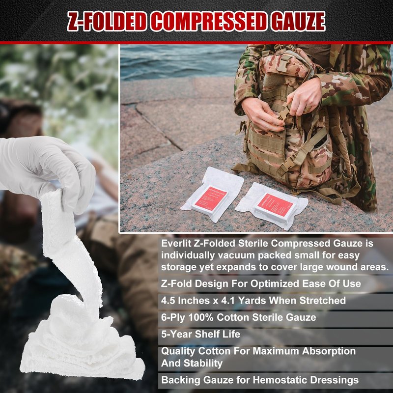 Threlaco 10 Pcs Z-Folded Compressed Sterile Gauze 4.5" x 4.1 Yards Combat Gauze Trauma Pad 6-ply 100% Cotton for Emergency Wound Dressing, First Aid Ifak Supplies Trauma Kit