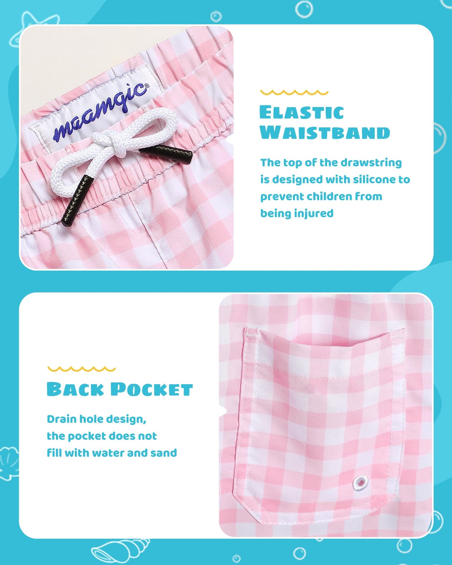 maamgic Boys Swim Trunks with Compression Liner Toddler Stretch Swim Shorts Quick Dry Swimming Trunks Boxer Brief 2 in 1 Beach Shorts Pink Gingham 14/16