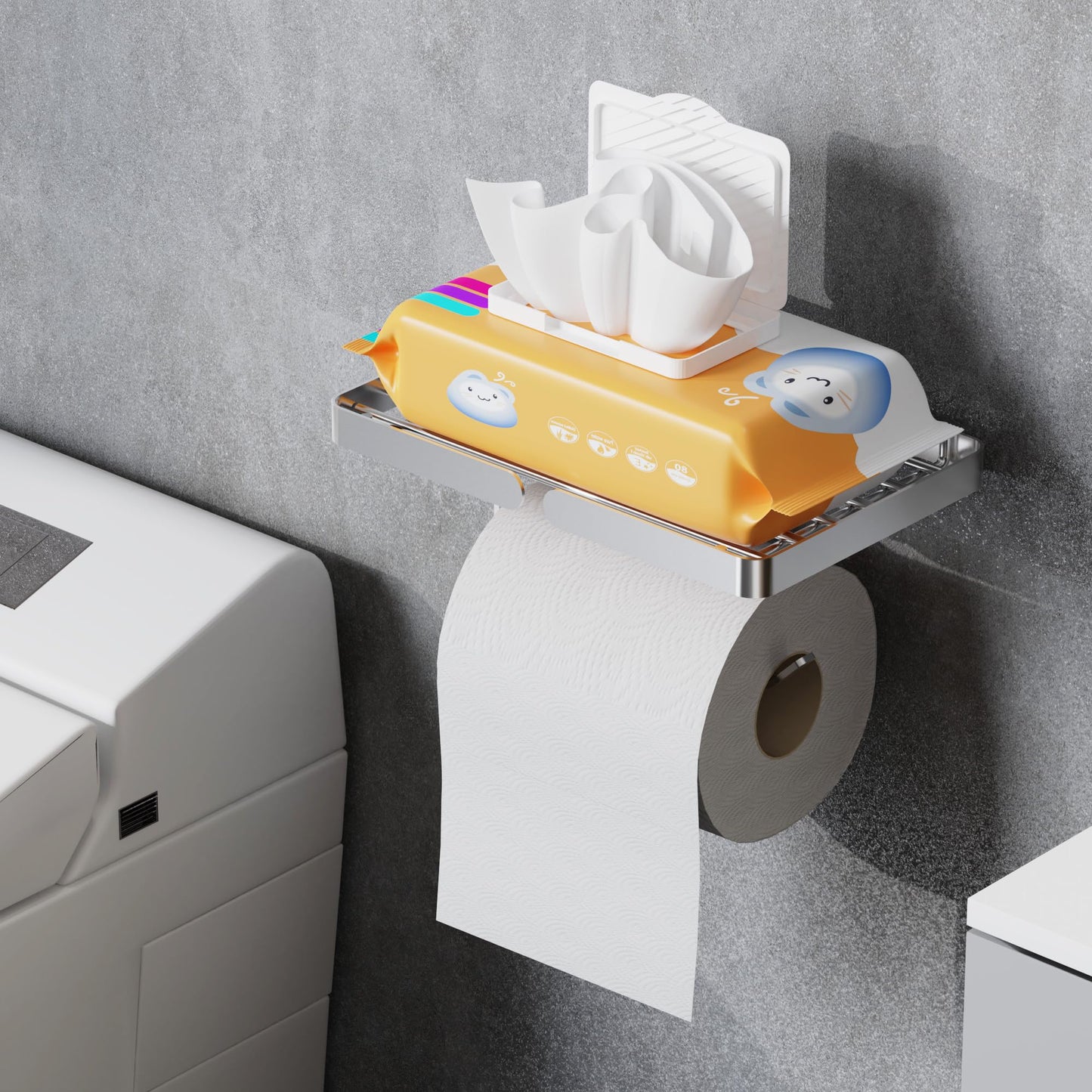 AIDILI Toilet Paper Holder with Phone Shelf, Self Adhesive Toilet Tissue Roll Holder Without Drilling, Rustproof Stainless Steel Tissue Paper Holder for Bathroom Hardware Accessories