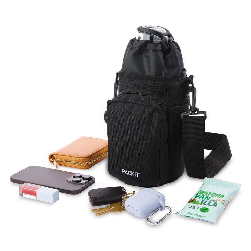 PackIt Freezable Hydration Crossbody Water Bottle Carrier with Strap, Fits 32,40 oz and 64 oz - Triple Function Design, Removable Freezable Insert, Adjustable Crossbody Strap, Front Zip Pocket - Black