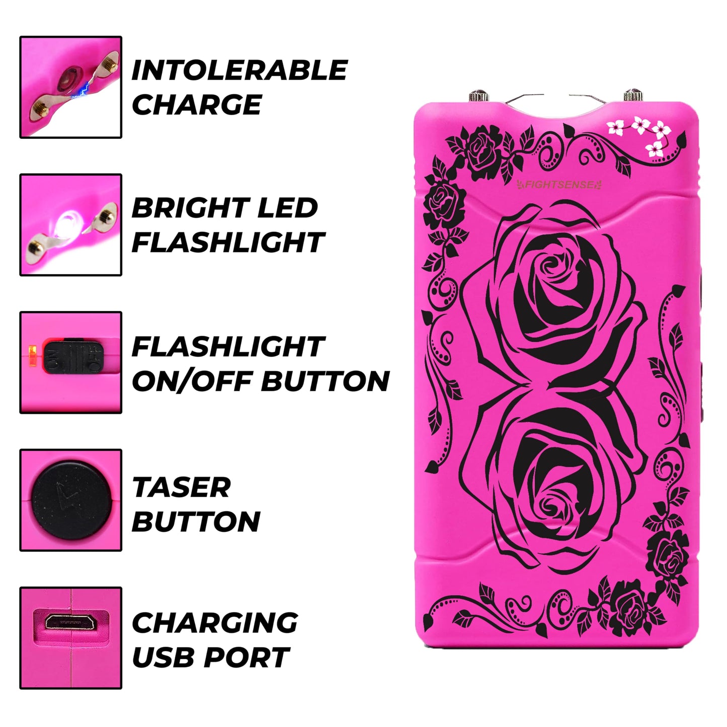 FIGHTSENSE Super Heavy Duty 35 Billion Mini Stun Gun for Self Defense with Bright Led Flashlight, Rechargeable Battery, Nylon Holsters with Belt Loop for Easy Cary (Zebra Pink)