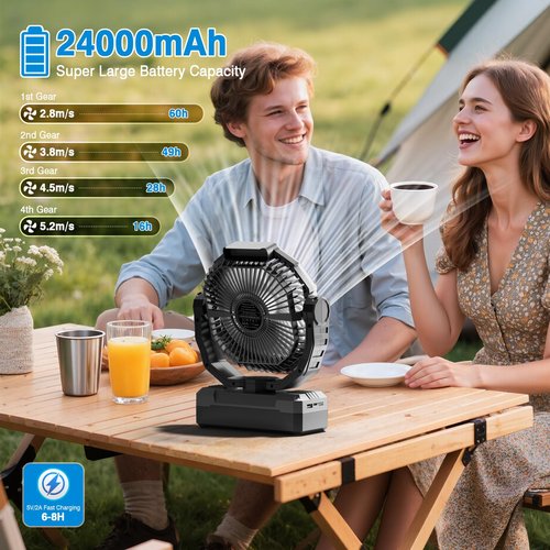 FRIZCOL 3-in-1 Camping Fan - Portable Fans Rechargeable - 24000mAh Battery Powered Fan with Light & Remote for Indoor, Outdoor, Tent, Travel, Fishing, Jobsite, Gifts for Men Dad Him - Black