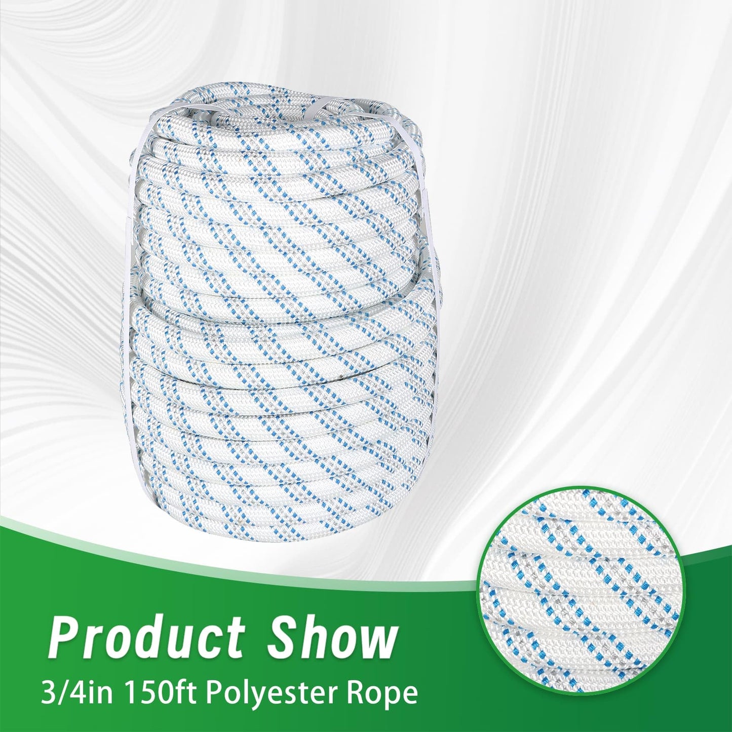 3/4 in 150 FT Braided Rope 16500 LBS Breaking Strength High Force Polyester Rope Suitable for Swing Camping Tree Work Arborist Rigging White Grey Blue