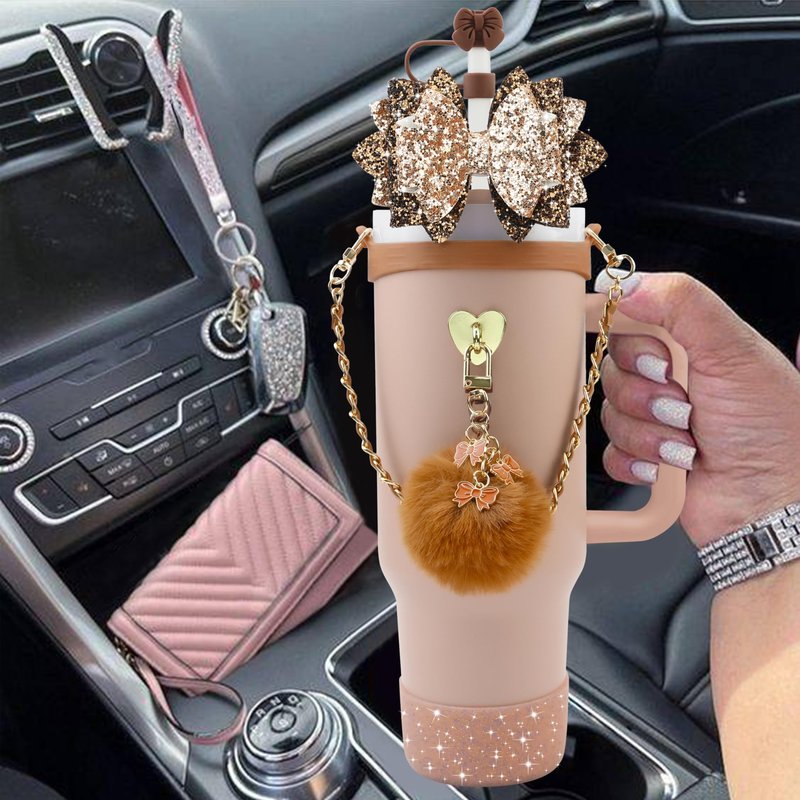 SEMATA Bling Accessories for Stanley Cup 40oz & 30oz Tumbler including Silicone Cute Bow Straw Topper Cover, Silicone Boot for Stanley Cup,Leather Water Bottle Handle Strap, Charms(Brown)