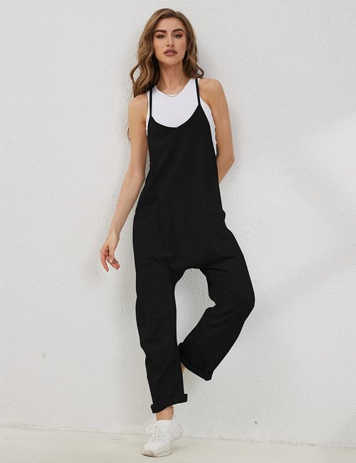 Lentta Women's Casual Jumpsuit - V Neck Sleeveless Harem Romper with Adjustable Straps & Pockets