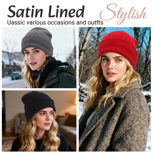 PFFY 2 Packs Satin Lined Beanie for Women Winter Hats Warm Soft Knitted Cuffed Silk Line Skull Cap Black+Black