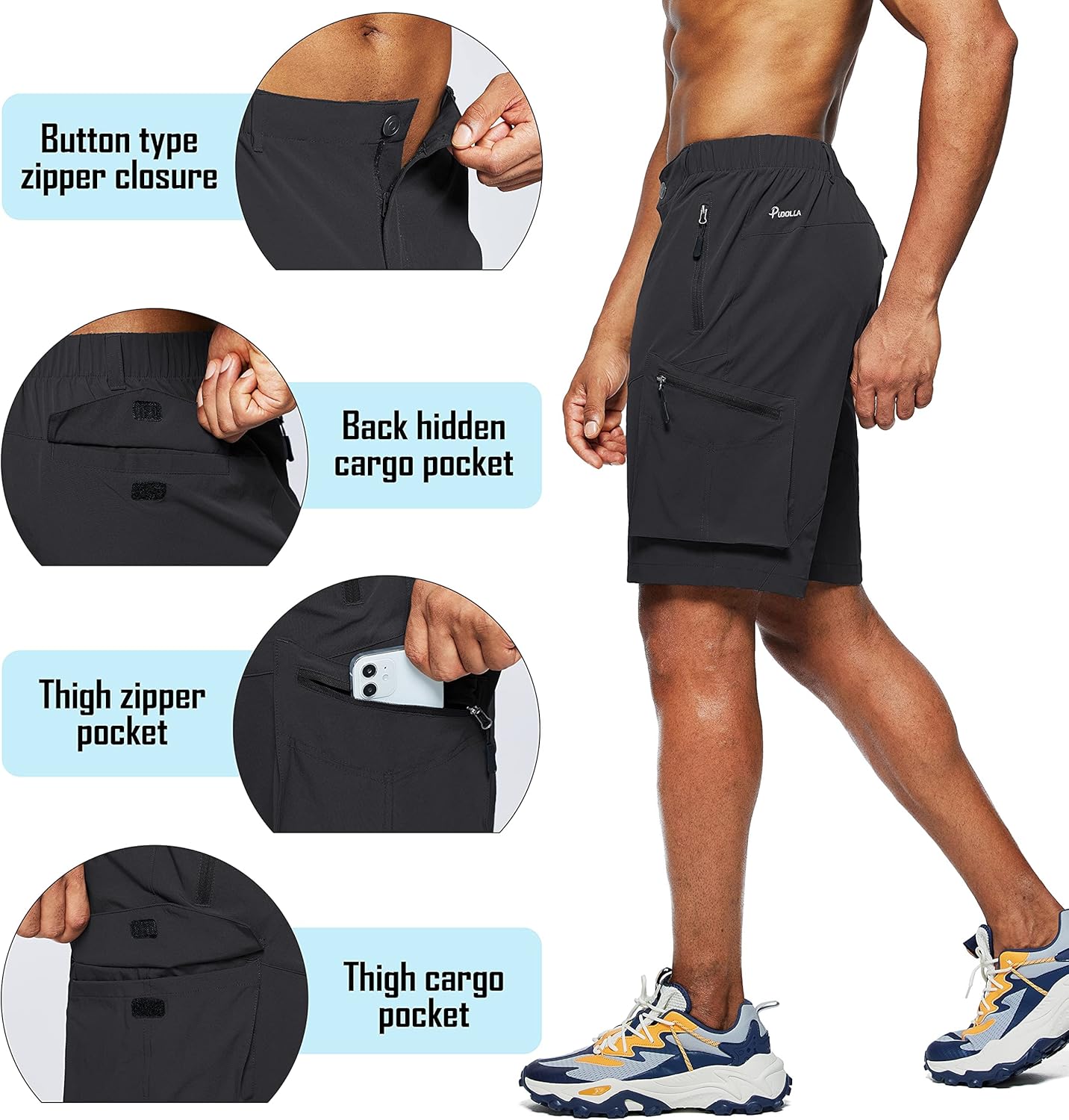Pudolla Men's Hiking Cargo Shorts - Quick Dry Outdoor Travel Shorts with Multi-Pockets | Ideal for Fishing & Camping