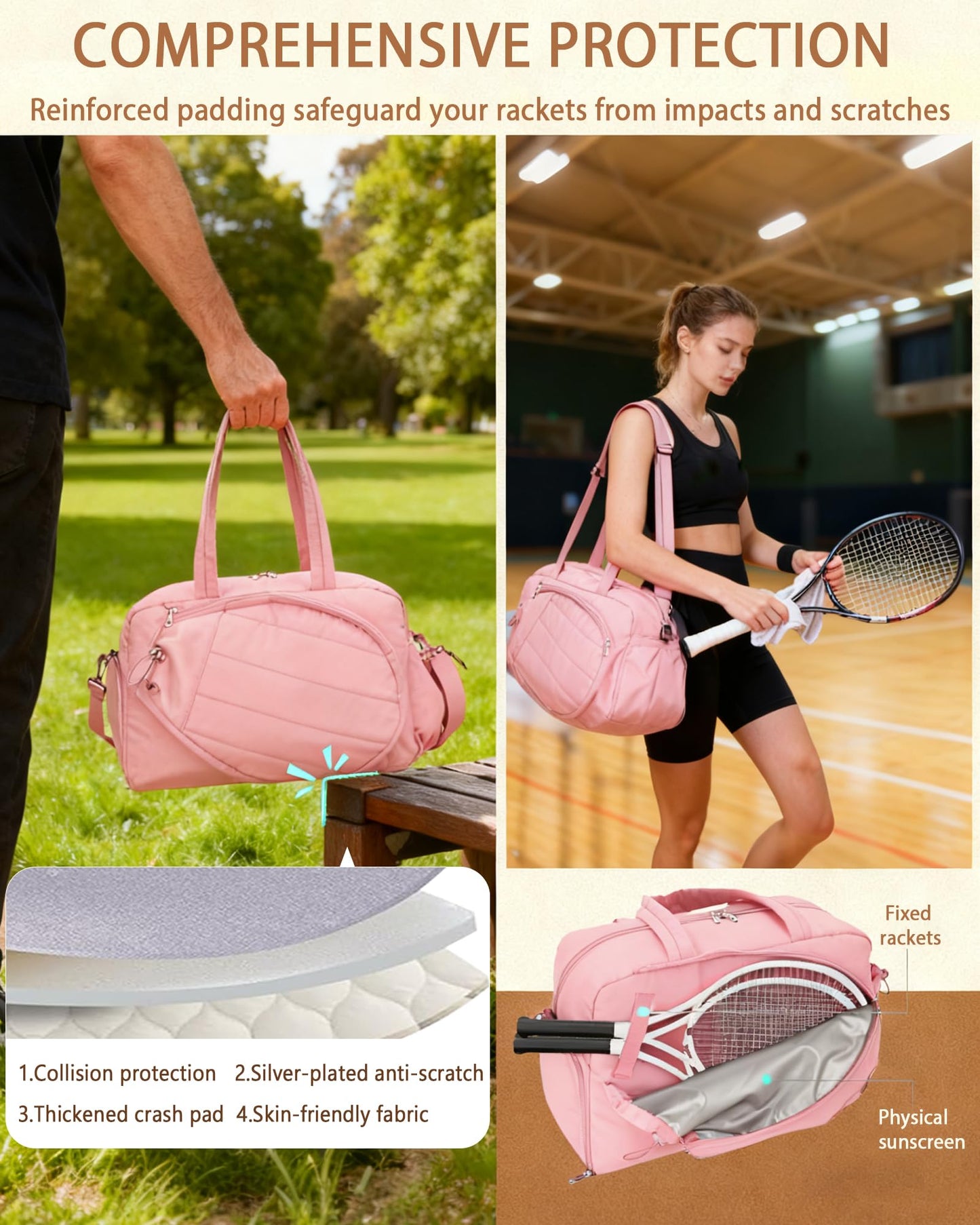 Roomy Tennis Gym Bag for Women - Tennis Tote Holds 2 Rackets, Shoe Compartment & Wet Pocket, Lightweight Sports Duffle, Fits 15.6" Laptop, Overnight Weekend Bag with Shoulder & Hand Straps (Pink)