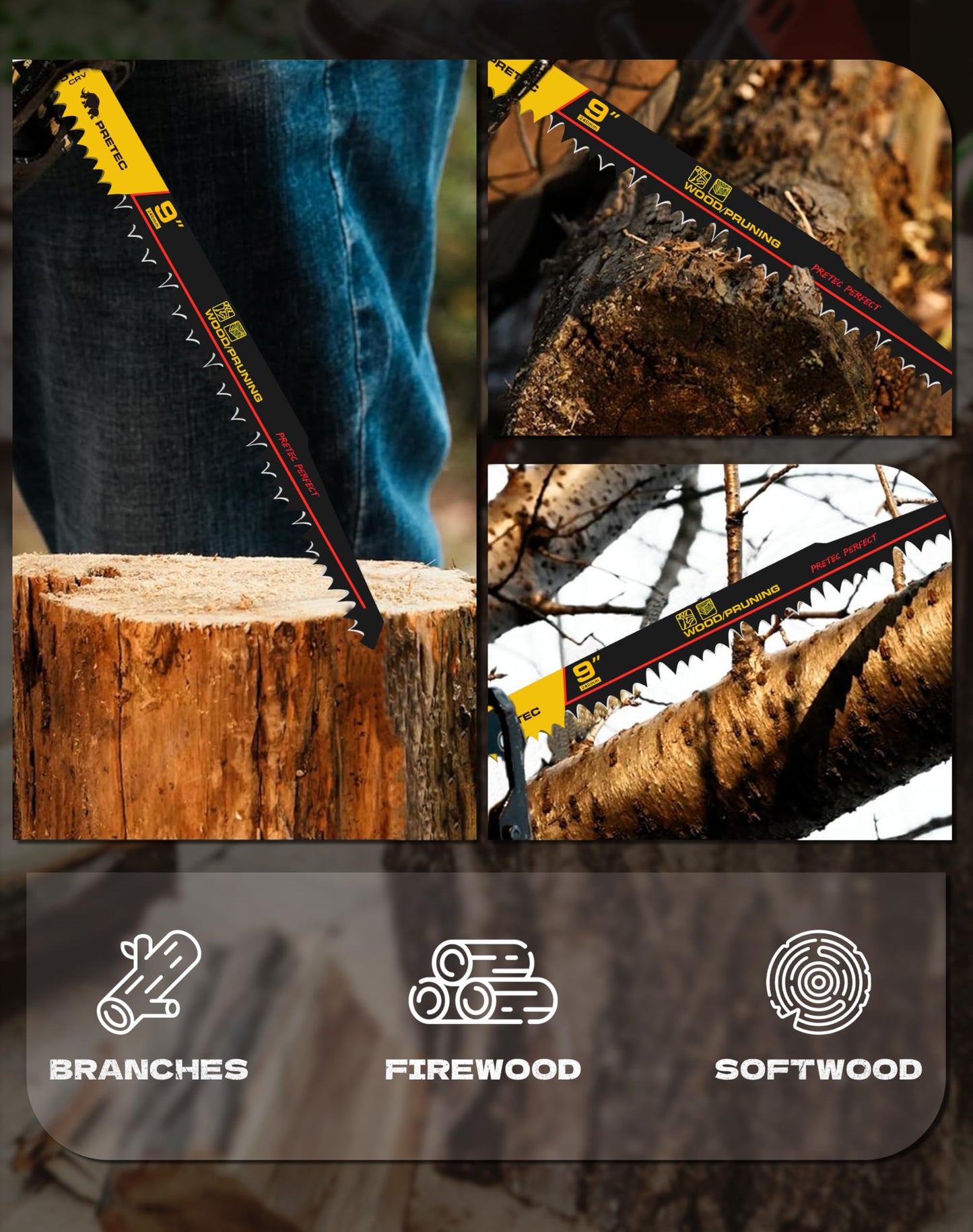 PRETEC Wood Pruning Reciprocating Saw Blades, 9 Inch Pruning Blades for Reciprocating Saw, High Carbon Steel Reciprocal Saw Blades for Tree Trimming, Wood Cutting with Organizer Case, (5 Pack/5TPI)