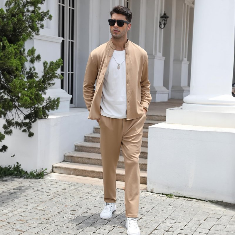 FZNHQL Outfits 2 Piece XXL Men Set Fashion Shirt and Pants Combo Tracksuit Sport Two Piece Trendy Long Sleeve Track Suit Set Khaki Brown XX-Large