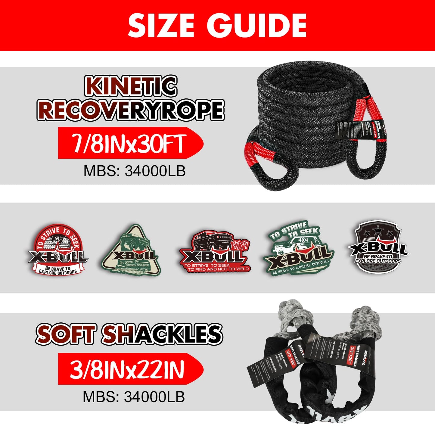 X-BULL Kinetic Rope Recovery Kit 7/8 Inches x 30Ft Kinetic Recovery Rope (34000 LBS)，Heavy Gloves and Soft Shackles for UTV, ATV Truck and Car