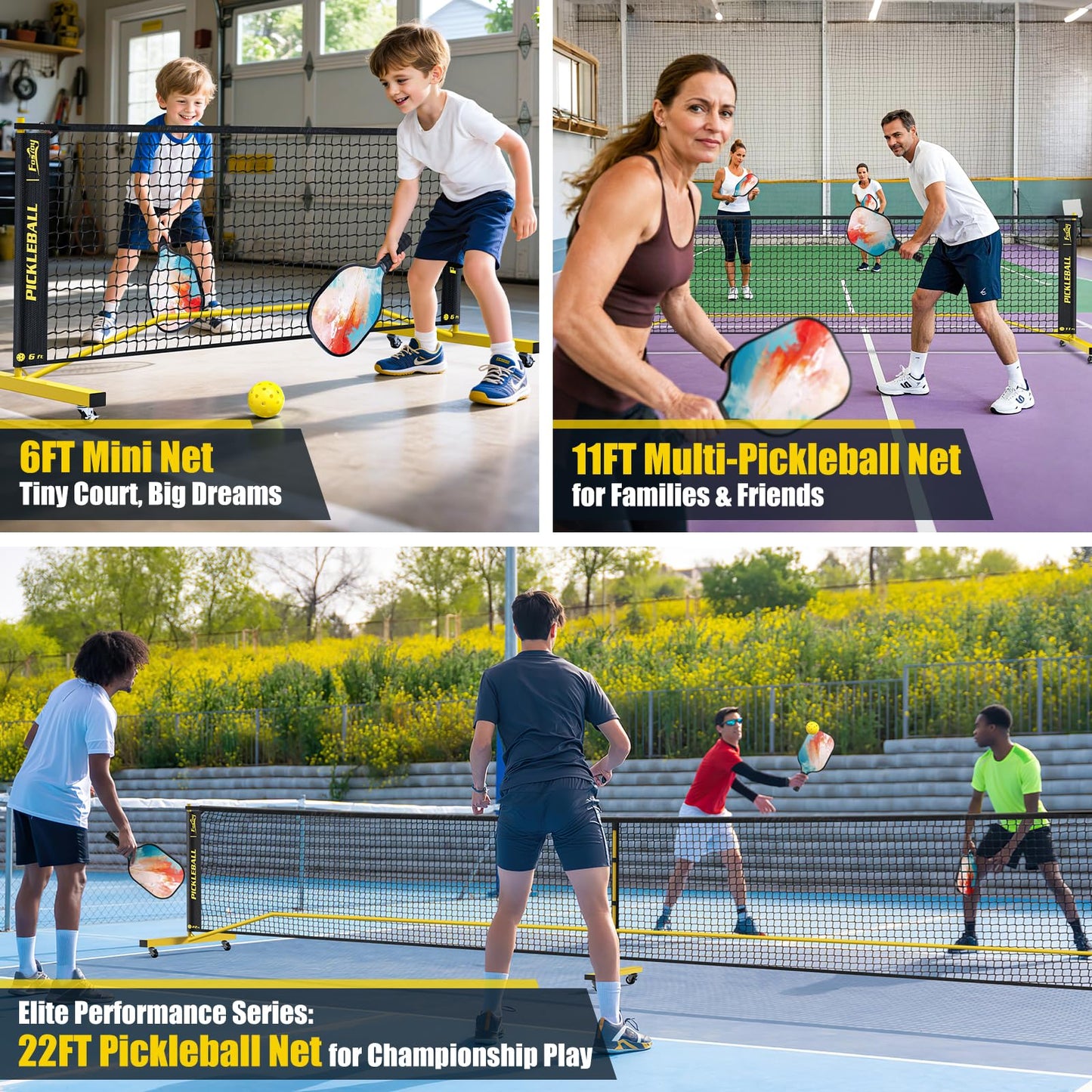 Pickleball Set Net with Wheels, Portable 3in1 Pickle Ball Net with Carry Bag- 3 Size Options, Designed for All Weather Conditions, Steady Metal Frame & Take Down for Practice & Games (Black&Yellow)