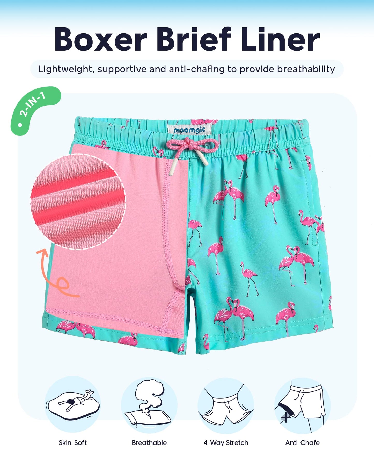 maamgic Boys Swim Trunks with Compression Liner Toddler Stretch Swim Shorts Quick Dry Swimming Trunks Boxer Brief 2 in 1 Beach Shorts Blue Flamingos 10/12