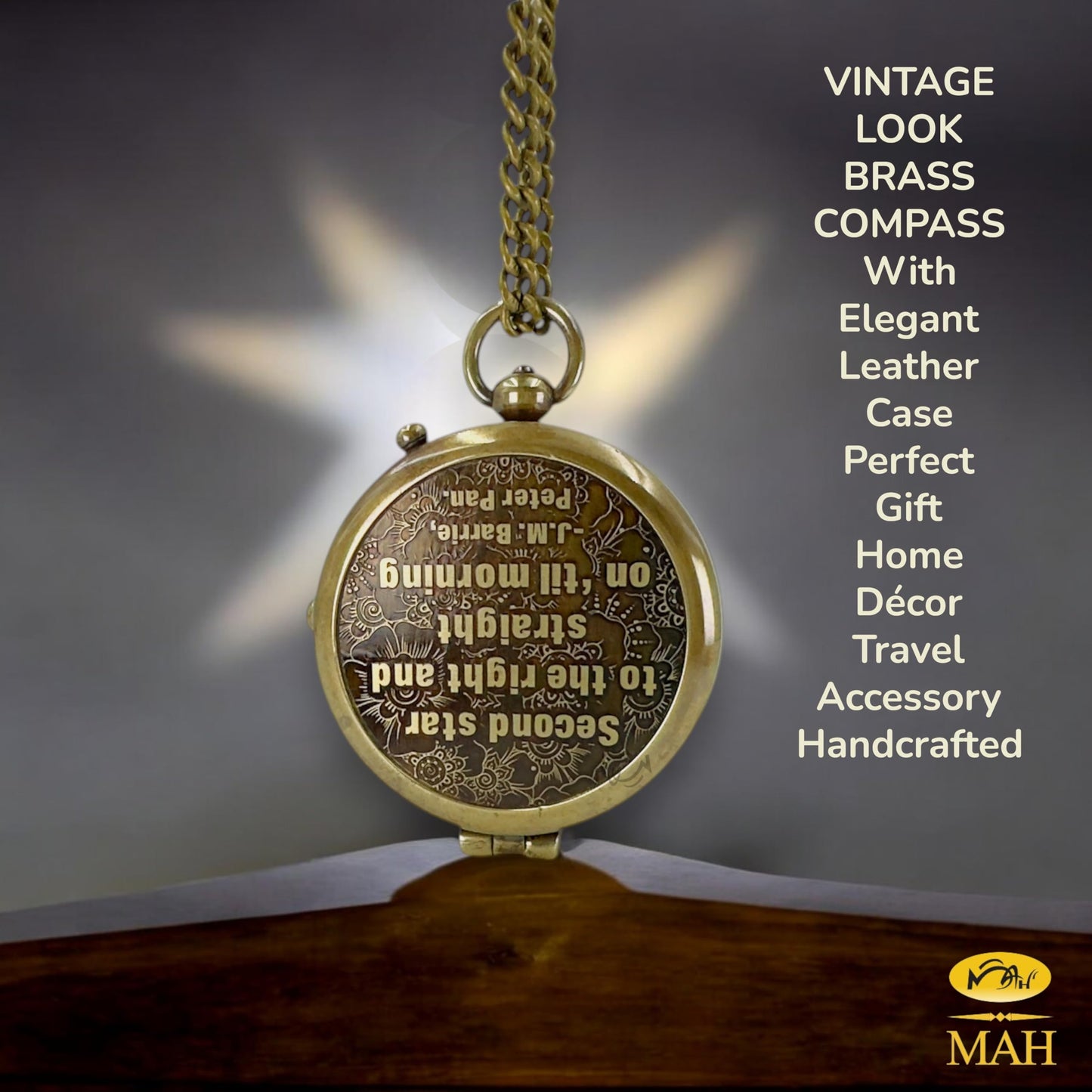 Brass Compass with “Second Star to the Right” Embossed Dial – Inspirational Pocket Compass Gift for Son, Daughter, or Friend | Motivational Keepsake for Graduation, Birthday, Christmas, or Travel gift