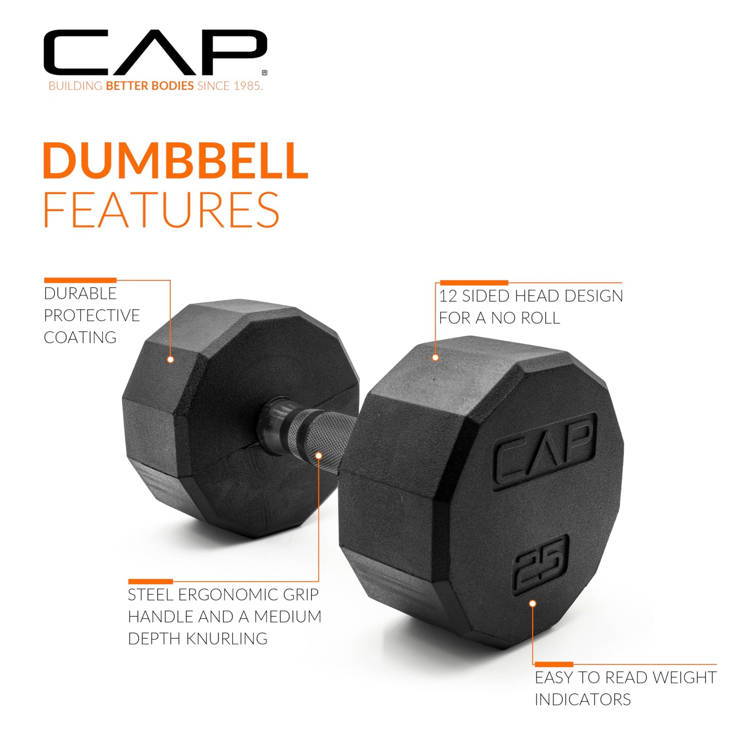 CAP 25lb Rubber Coated 12-Sided Dumbbell, Black Grip, Free Weights, Single