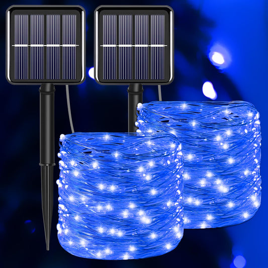 YAOZHOU Blue Solar Christmas String Lights Outdoor Waterproof, 2Pack Total 200Led 66Ft 8 Modes Copper Fairy Lights for Halloween Garden, Patio, Fence, Balcony, Outdoors