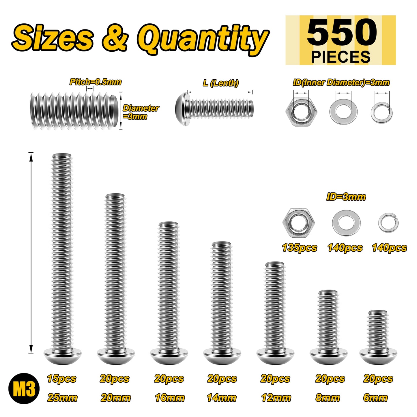 Mywish 550Pcs M3 Screw Metric Screw Assortment, 304 Stainless Steel Hex Socket Button Head, 3D Printer DIY Metric Bolt Assortment, Flat & Spring Lock Washers/Nuts/Hex Wrenche M3*6/8/12/14/16/20/25mm