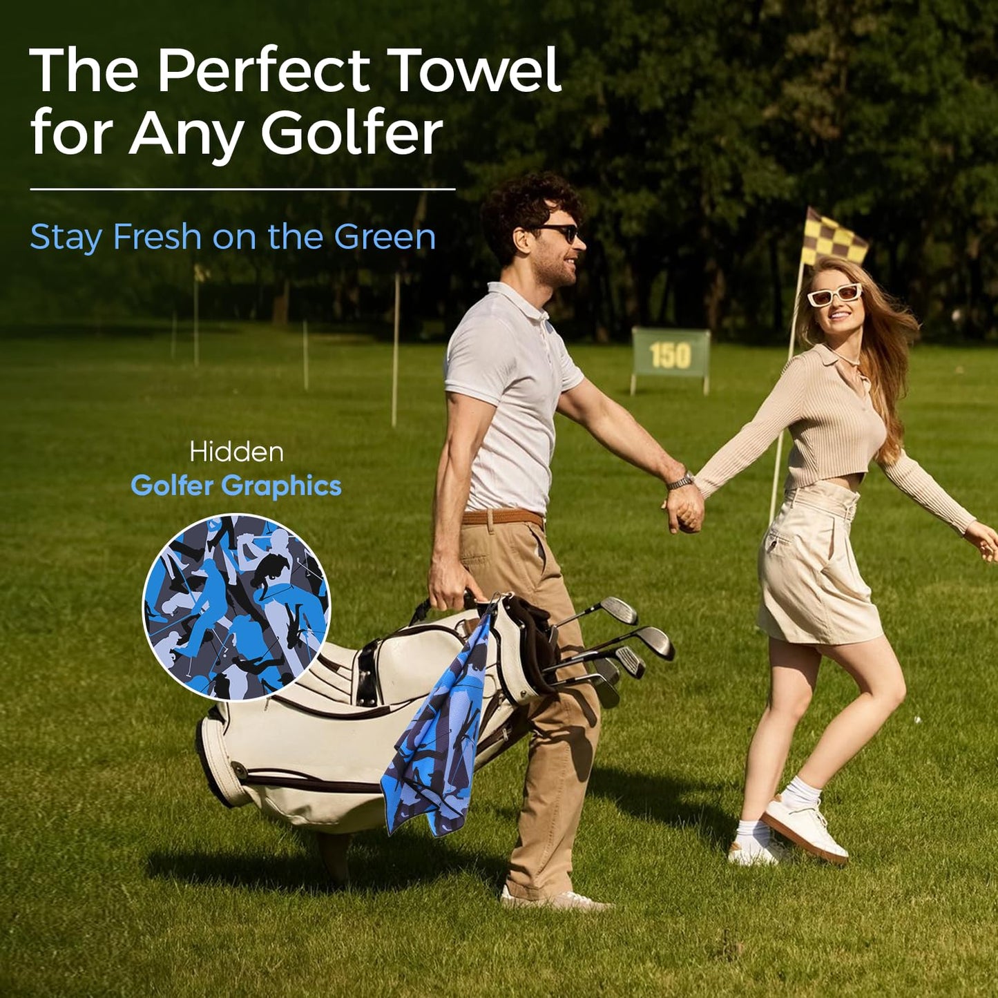 ANNIE FIORI Golf Towel (34" x 20") | Funny Camo, Microfiber Waffle Golf Towels For Golf Bags with Quick Dry Technology & Black Carabiner Clip - Golf Accessories for Men & Women, Ideal Gift for Golfers